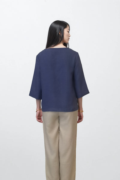 Blue Cotton Linen Drawstring Top