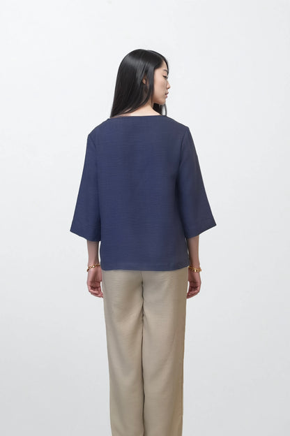 Blue Cotton Linen Drawstring Top