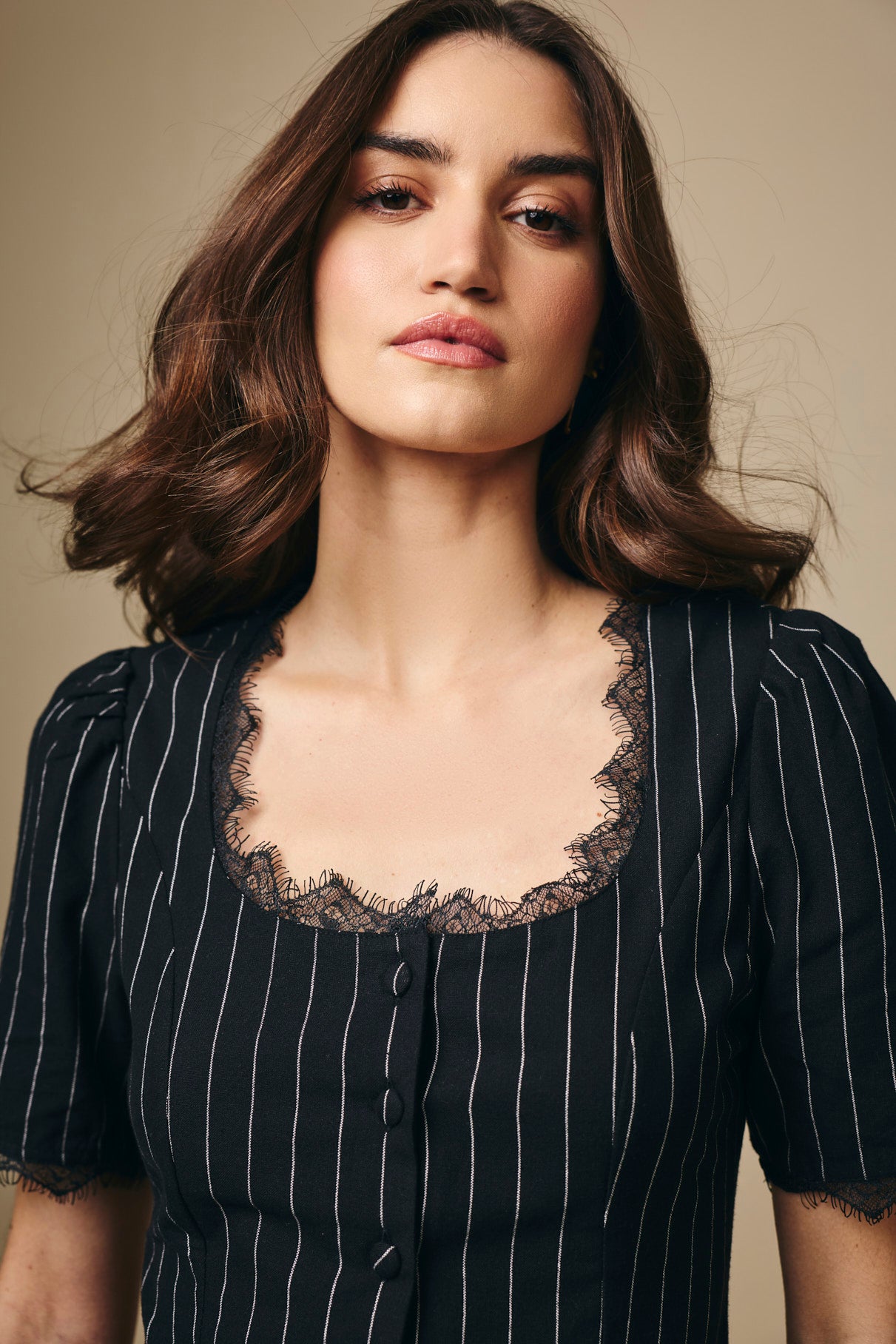 Black and White Pinstripes Buttoned Cotton Top with backtie