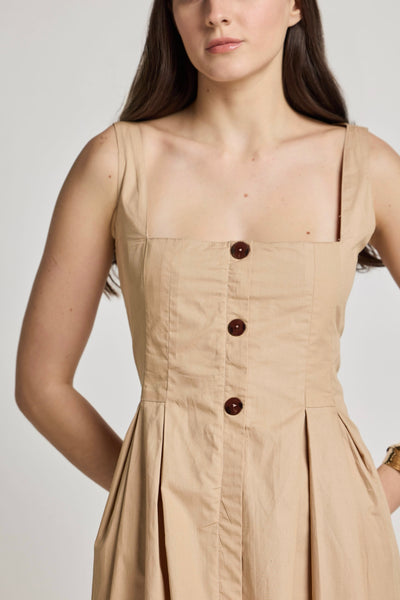Beige 100% Cotton Square Neck Dress