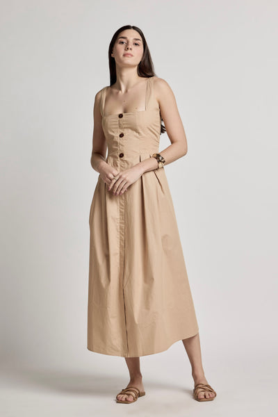 Beige 100% Cotton Square Neck Dress