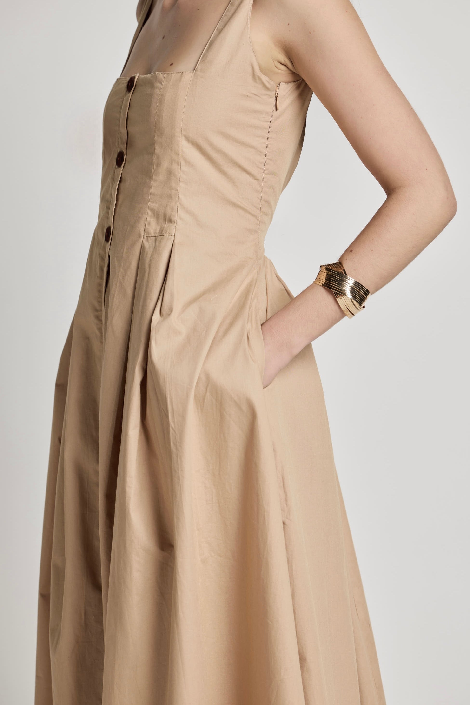 Beige Cotton Square Neck Dress