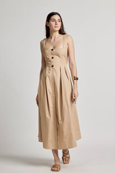 Beige 100% Cotton Square Neck Dress