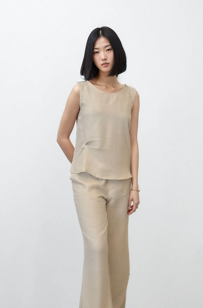 Beige Sleeveless Side-Gathered Top