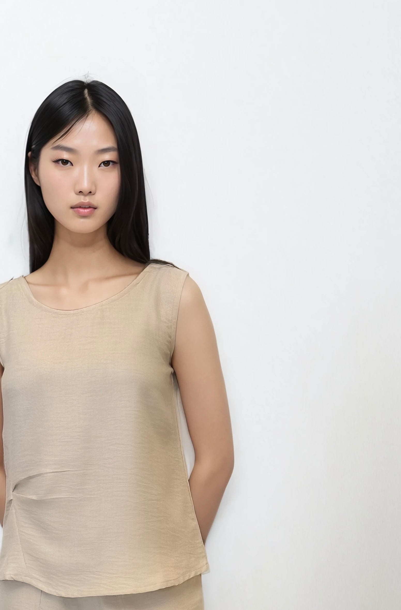 Beige Sleeveless Side-Gathered Top
