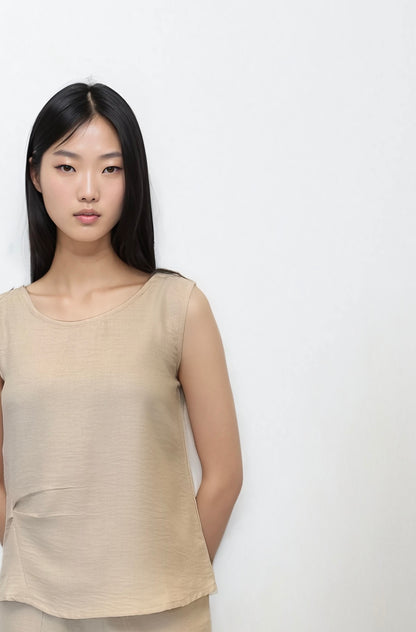 Beige Sleeveless Side-Gathered Top