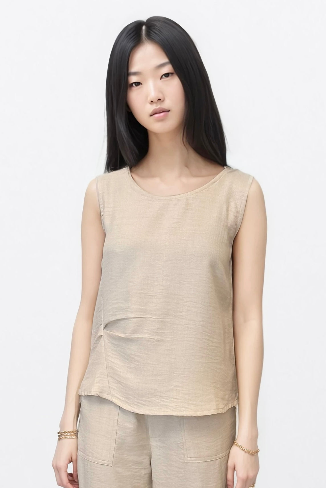 Beige Sleeveless Side-Gathered Top