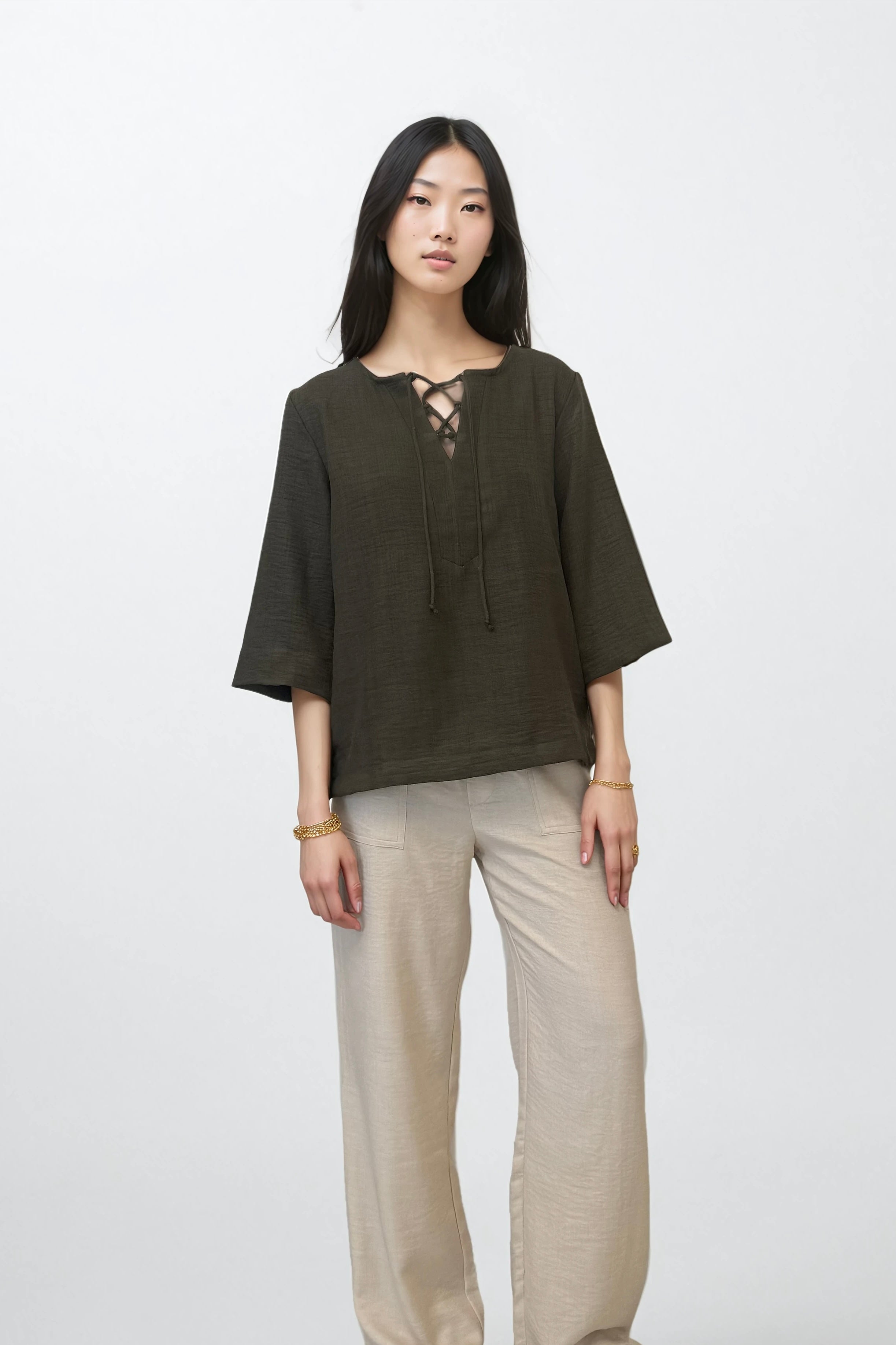 Olive Cotton Linen Drawstring Top