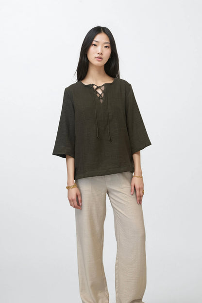 Olive Cotton Linen Drawstring Top