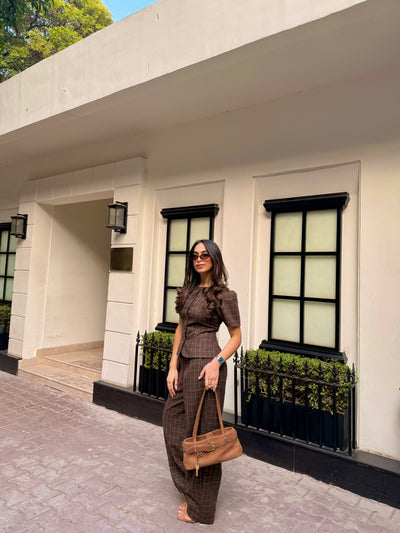BROWN CHECKED TWEED PANTS