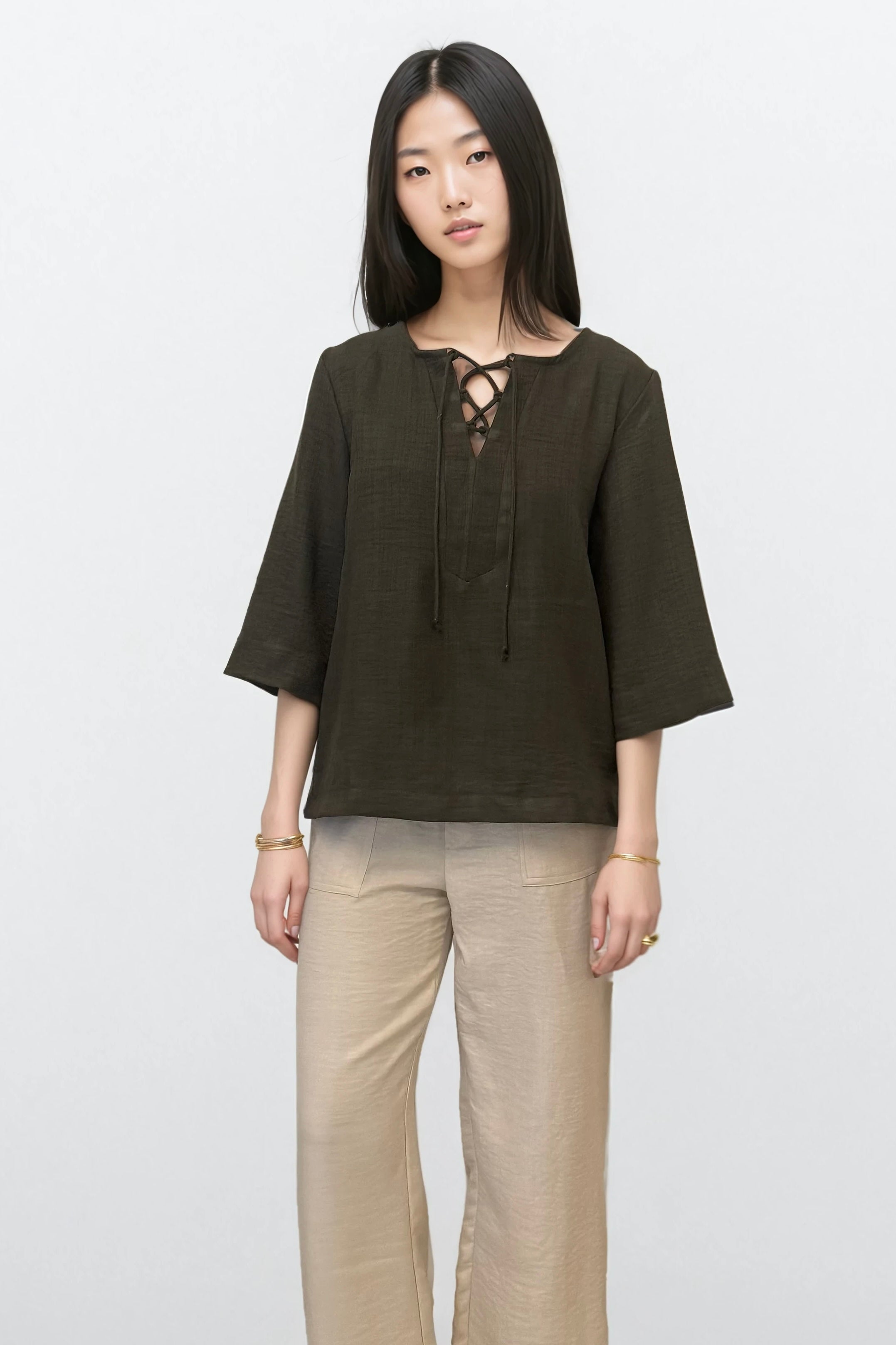 Olive Cotton Linen Drawstring Top