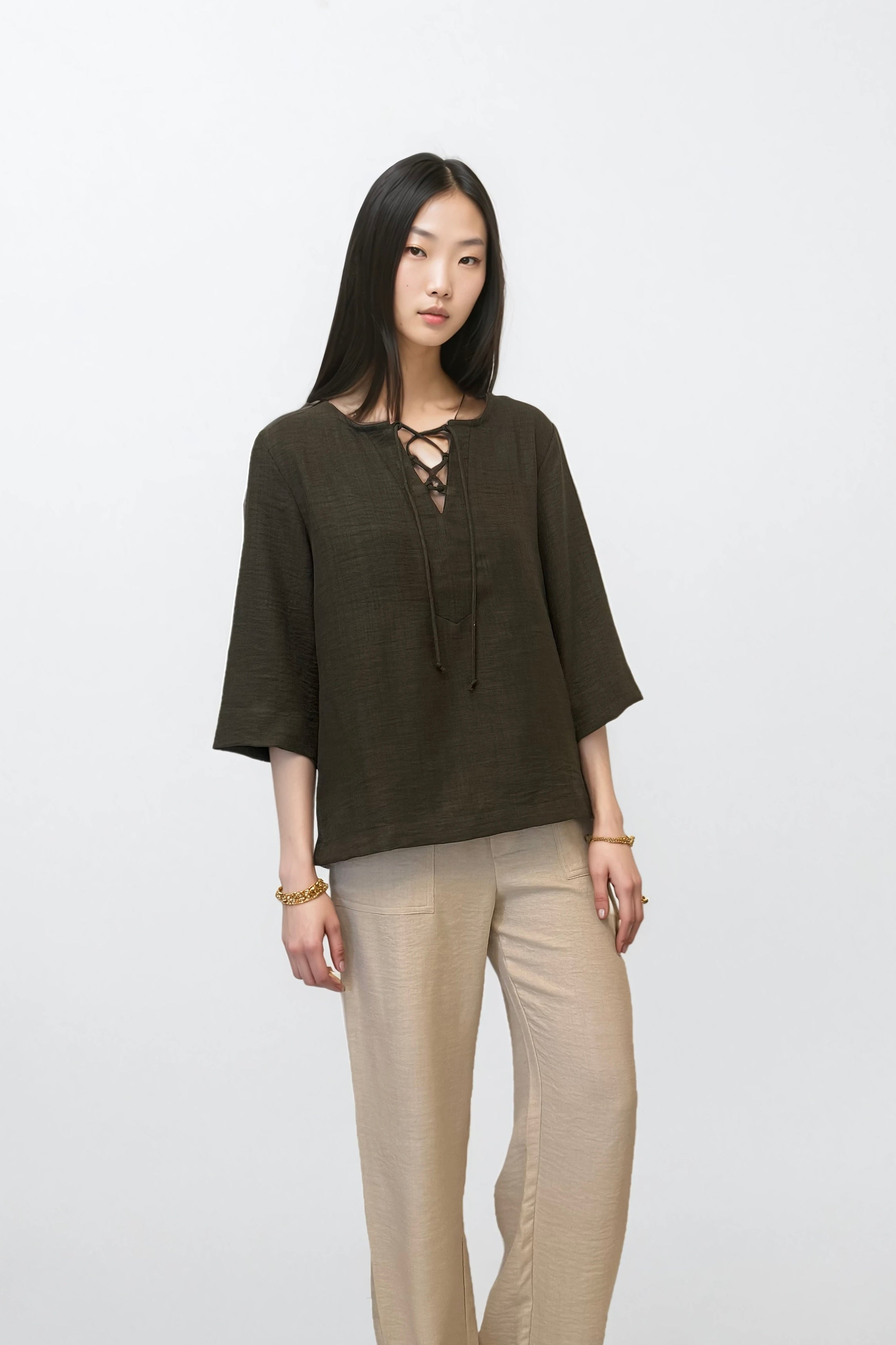 Olive Cotton Linen Drawstring Top