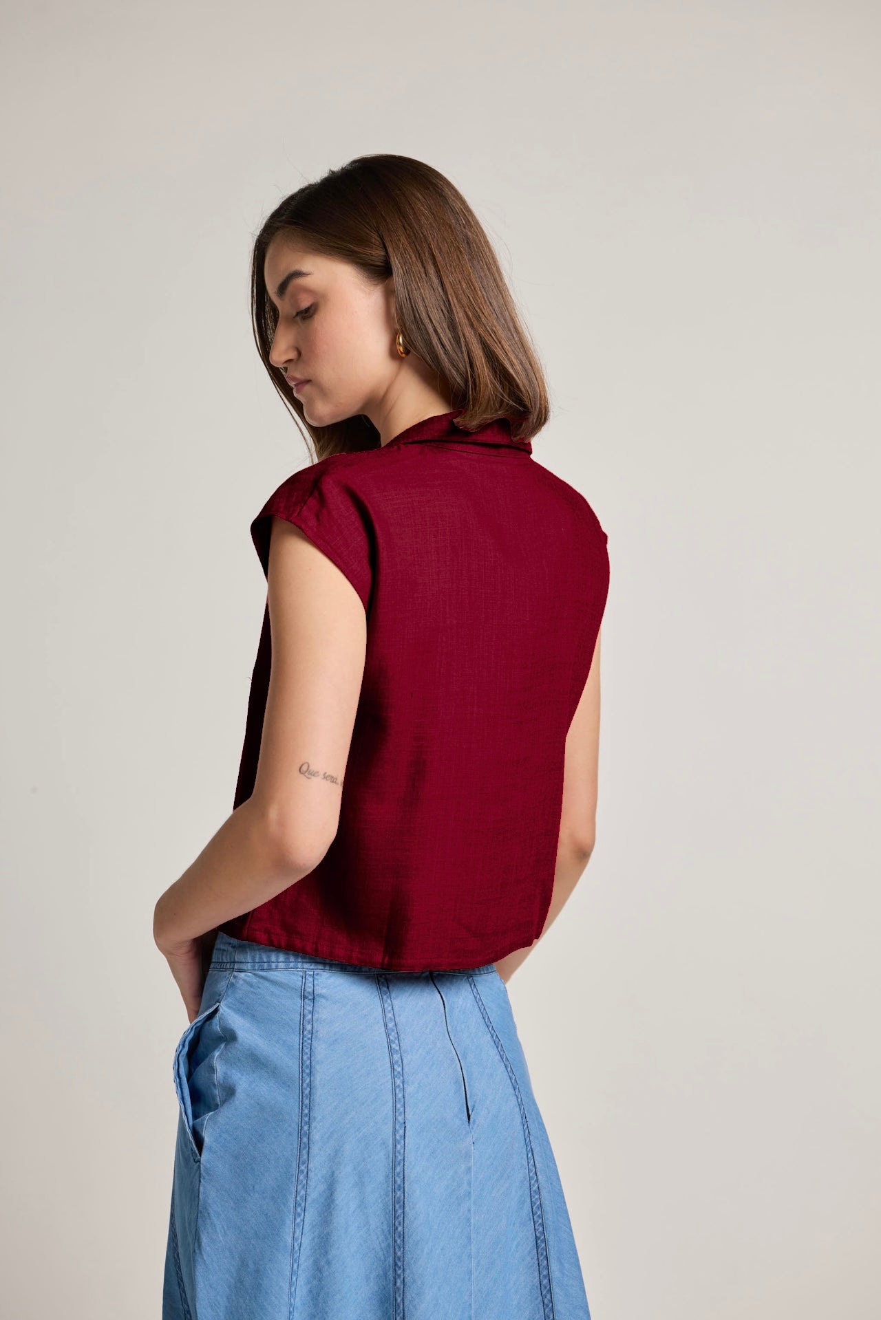 Red Cotton Linen Short Shirt