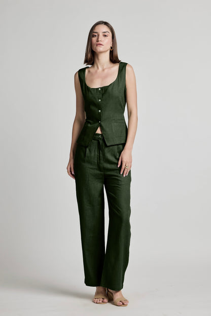 Green Cotton Linen Waistcoat