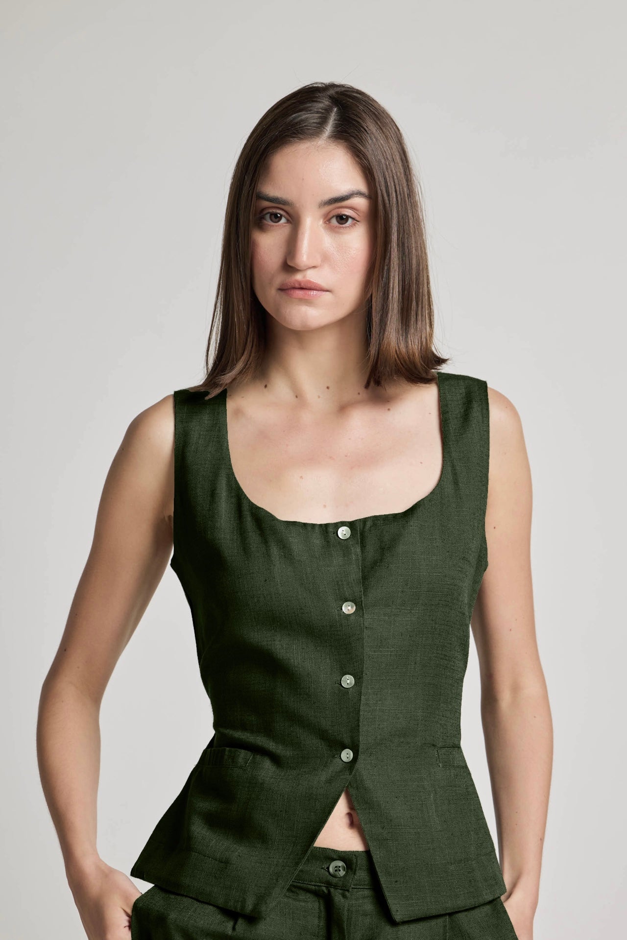 Green Cotton Linen Waistcoat
