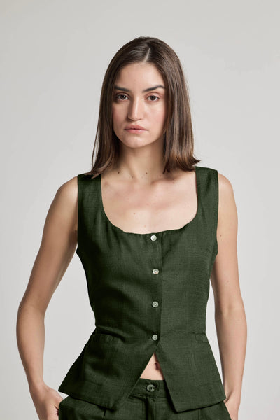 Green Cotton Linen Waistcoat