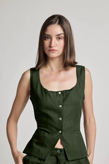 Green Cotton Linen Waistcoat