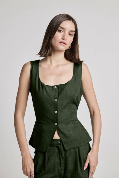 Green Cotton Linen Waistcoat