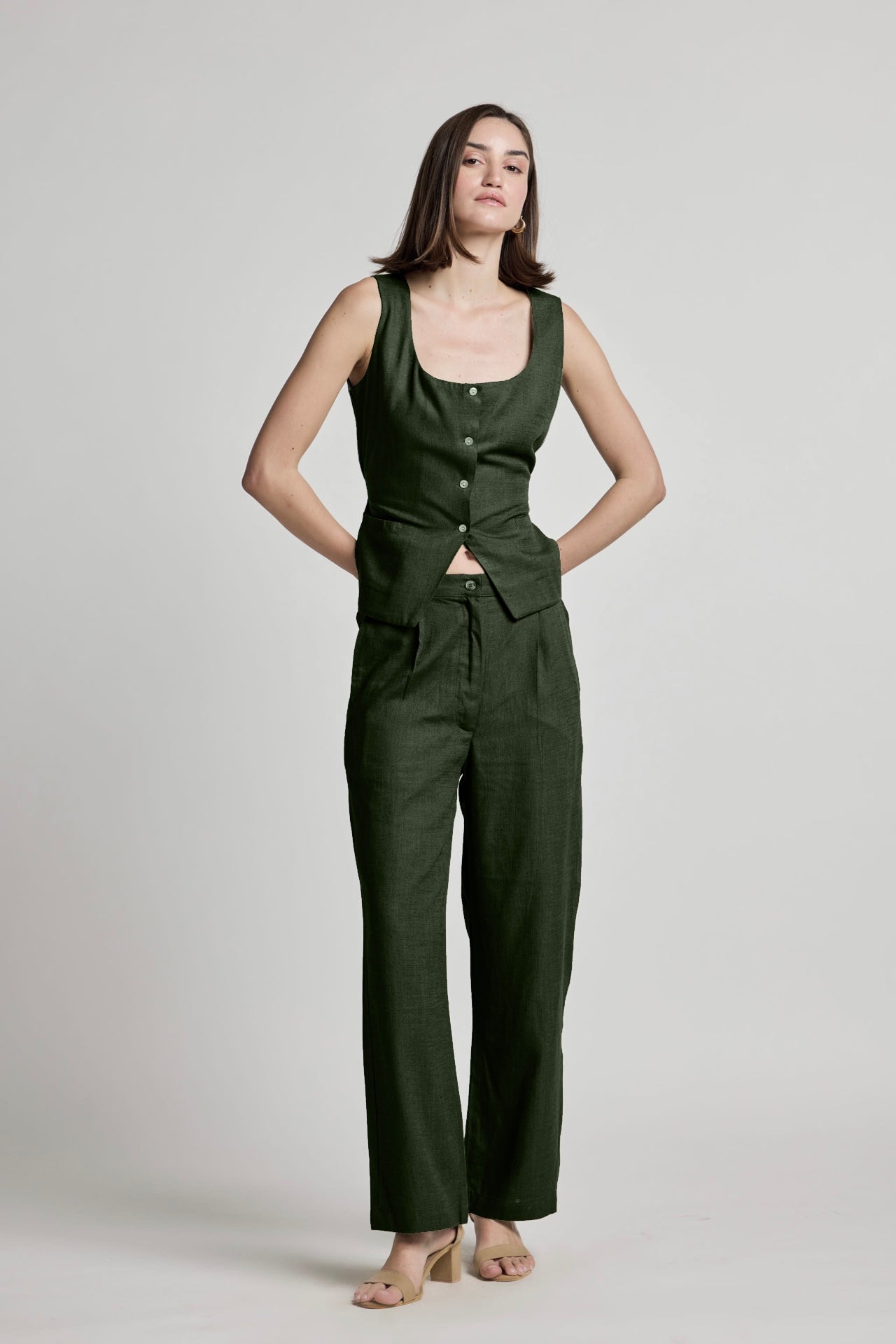 Green Pleated Cotton Linen Pants