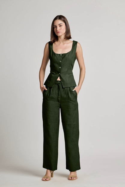 Green Pleated Cotton Linen Pants