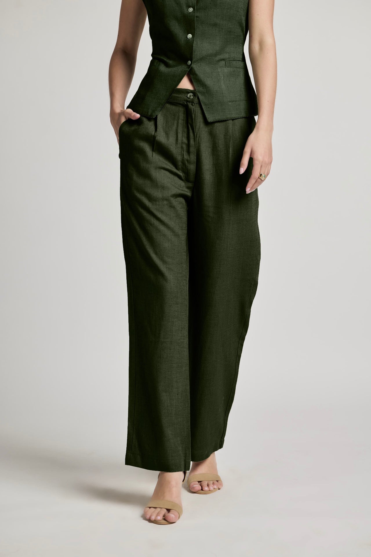 Green Pleated Cotton Linen Pants