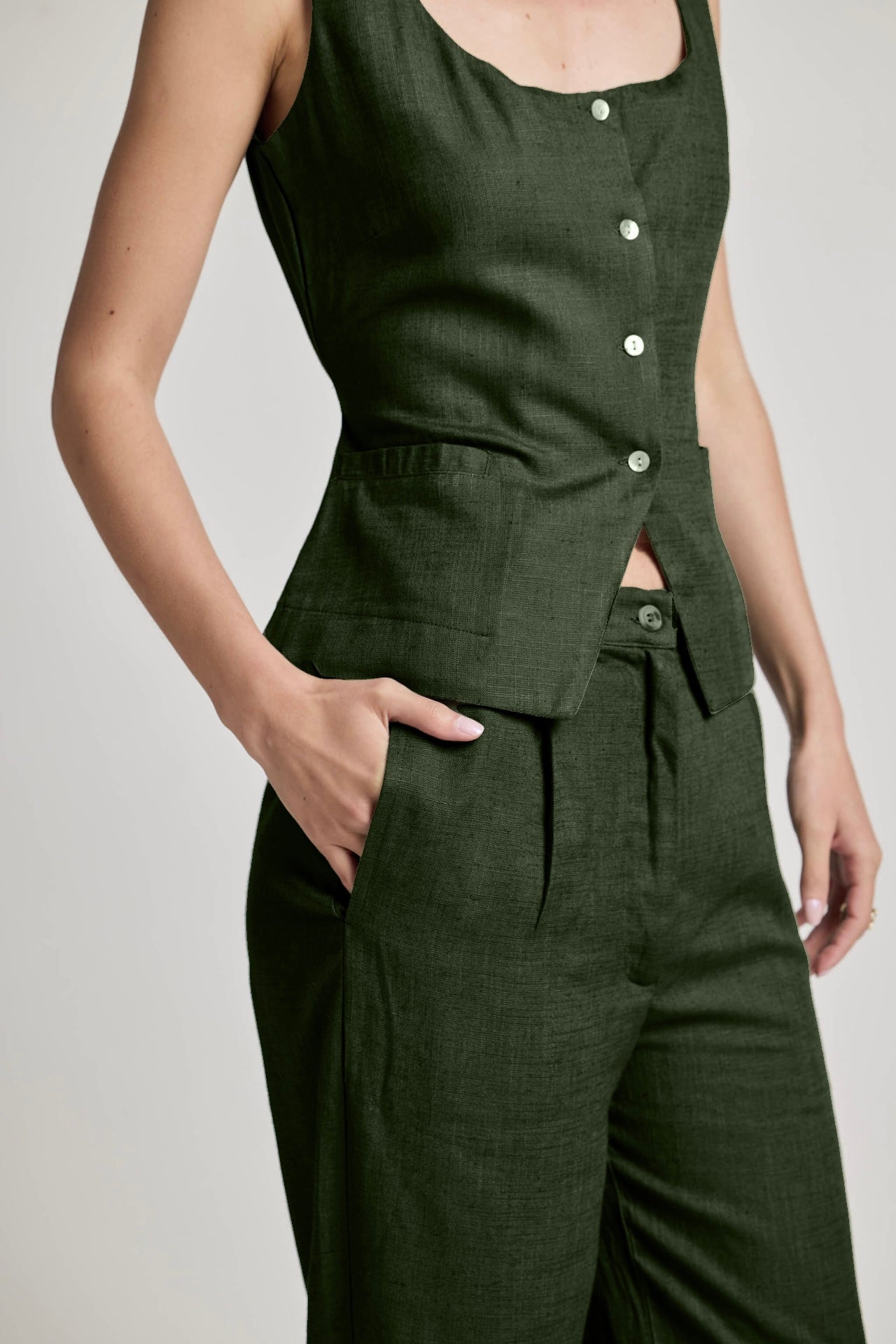 Green Pleated Cotton Linen Pants