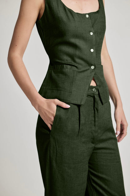 Green Pleated Cotton Linen Pants