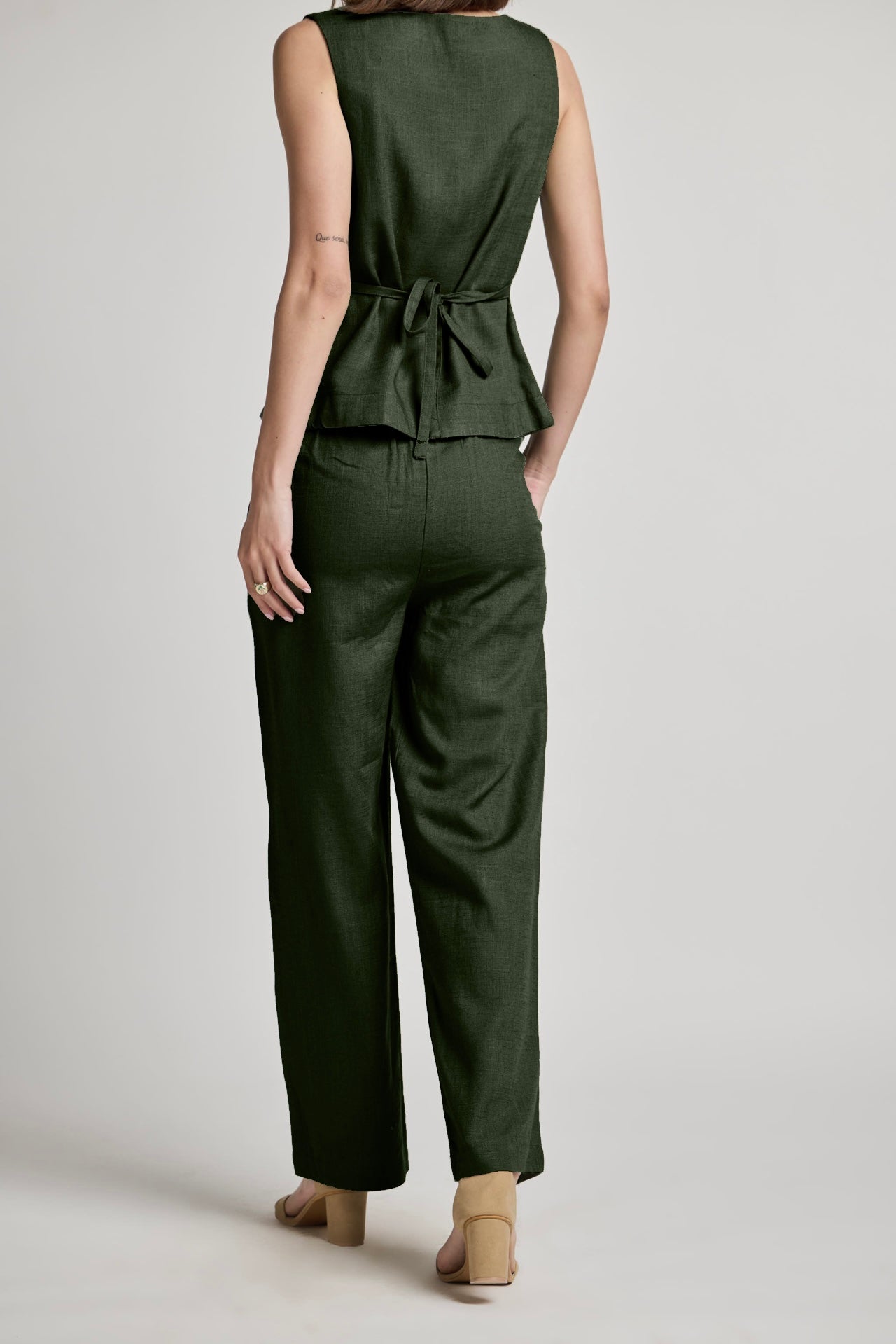 Green Pleated Cotton Linen Pants