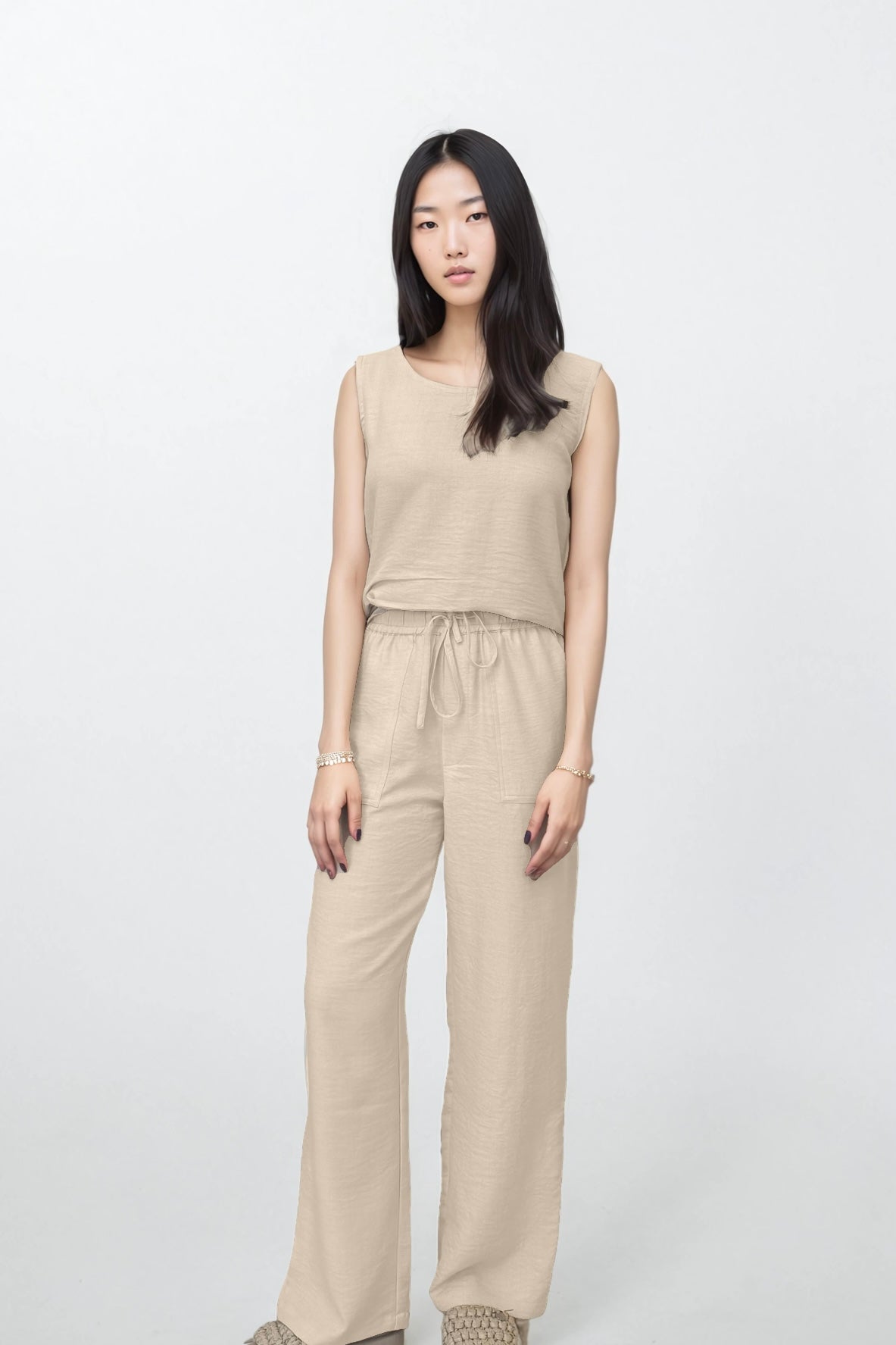 Beige Sleeveless Side-Gathered Top