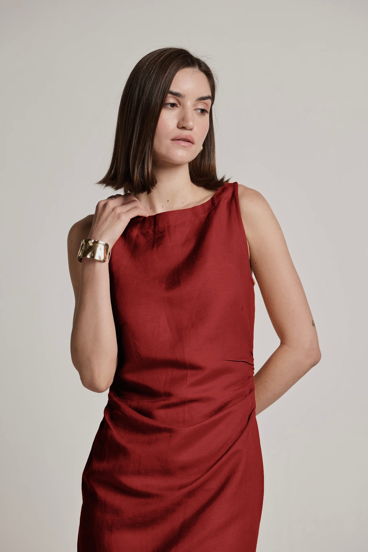 Sunset Maroon Cotton Linen Midi Dress