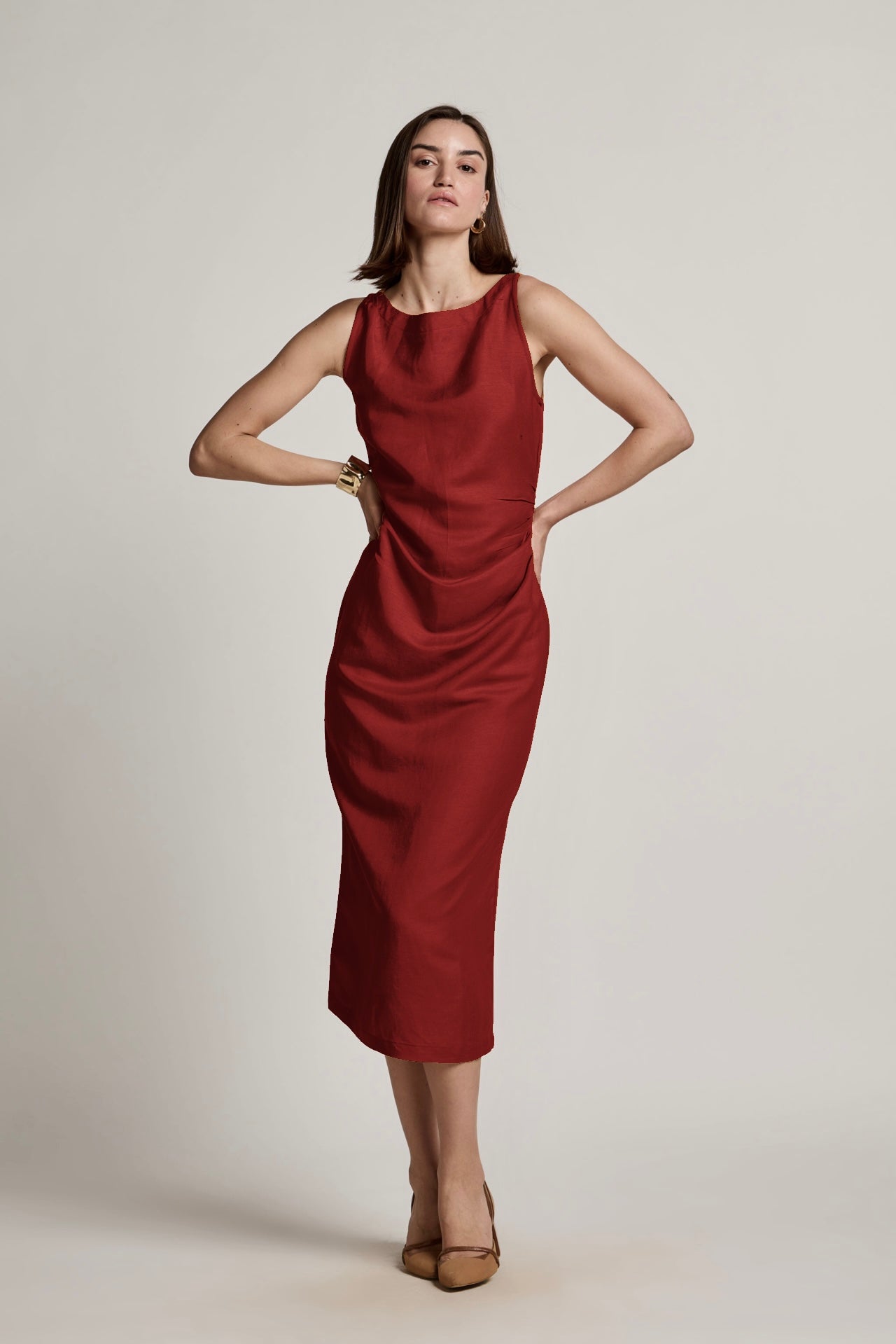 Sunset Maroon Cotton Linen Midi Dress