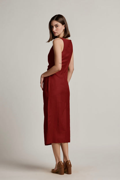 Sunset Maroon Cotton Linen Midi Dress