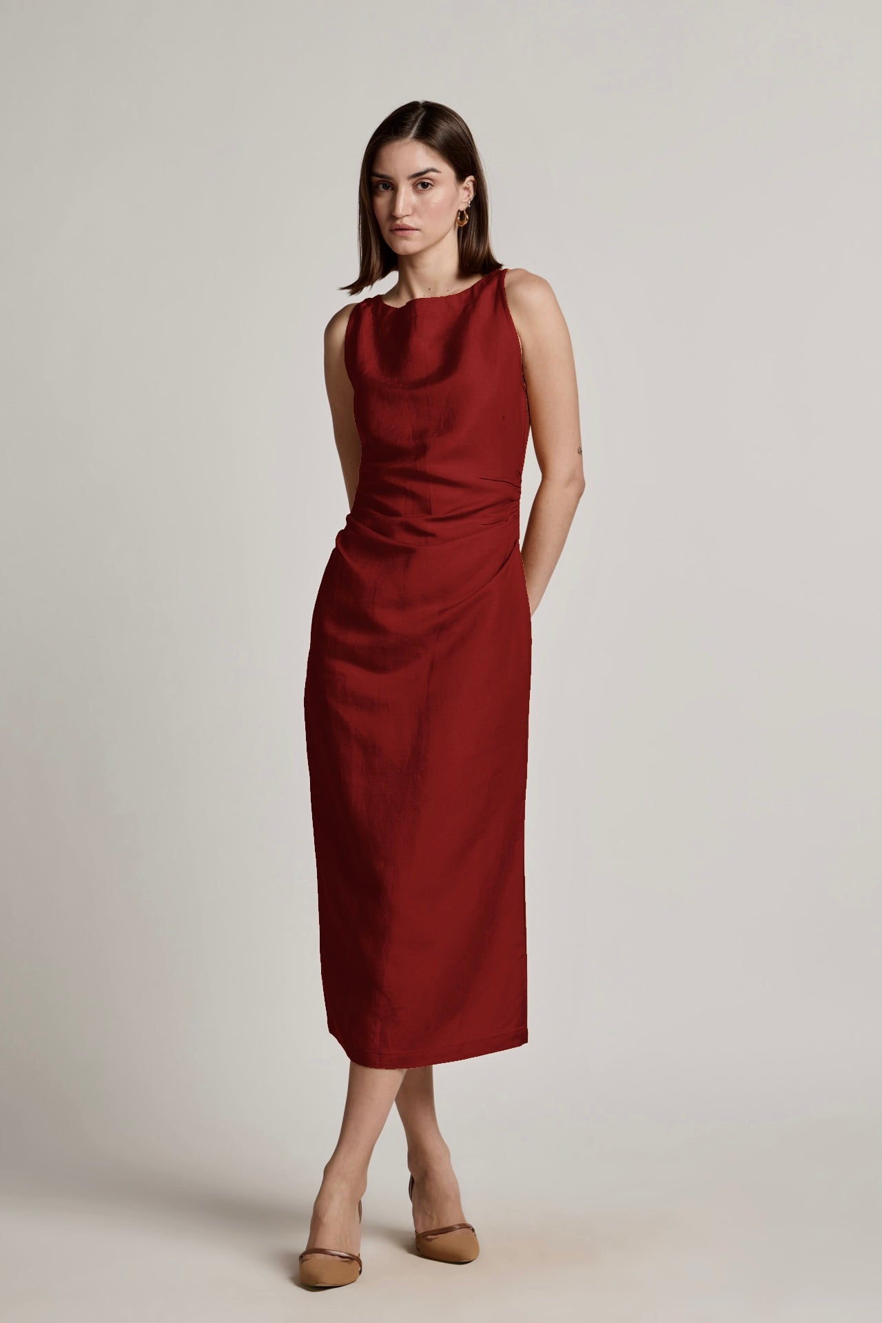 Sunset Maroon Cotton Linen Midi Dress