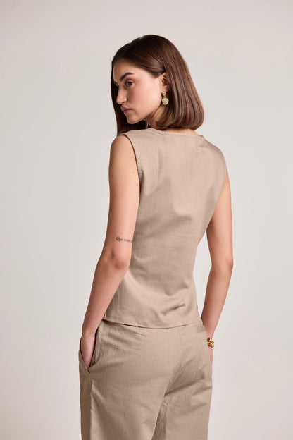 Beige Buttoned Cotton Linen Waistcoat
