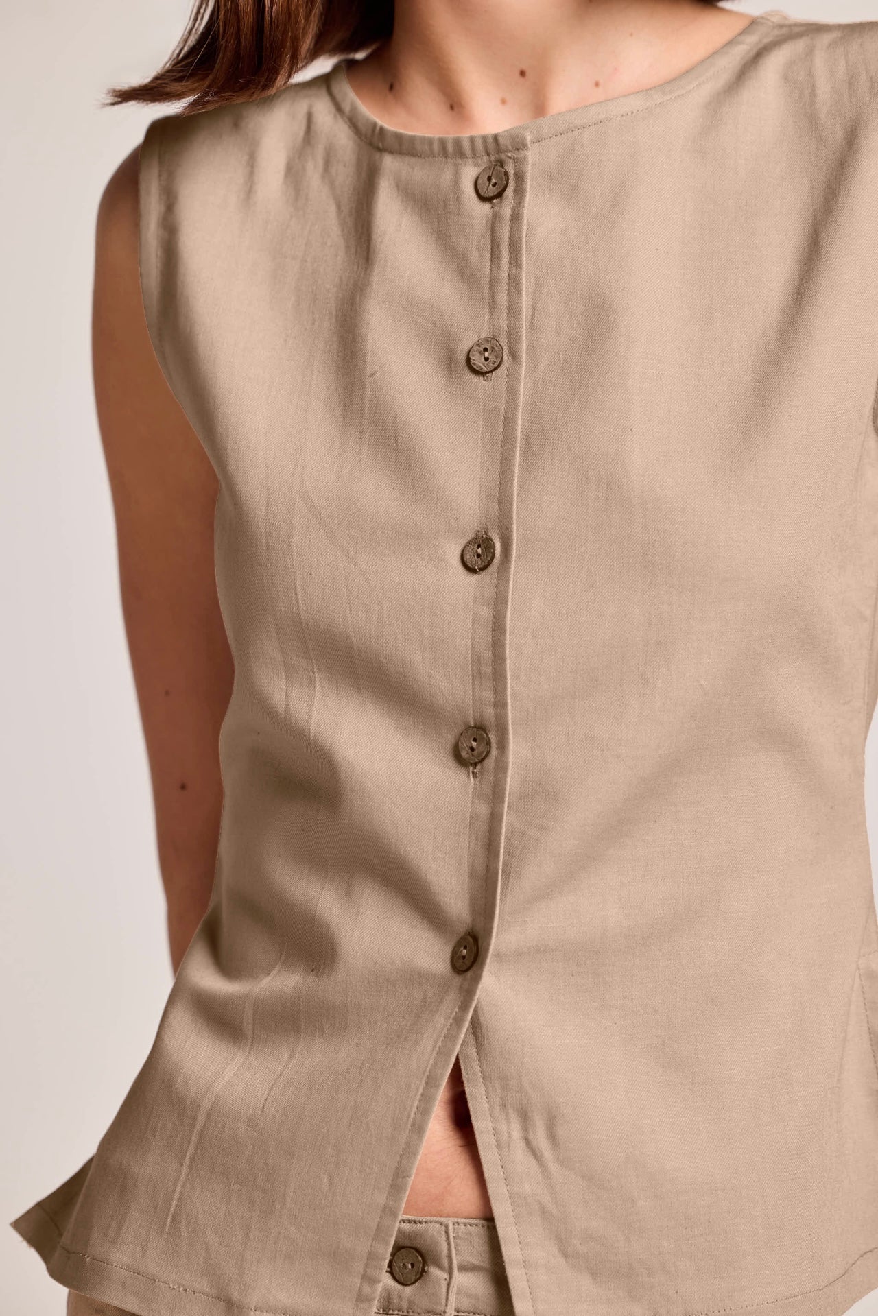Beige Buttoned Cotton Linen Waistcoat