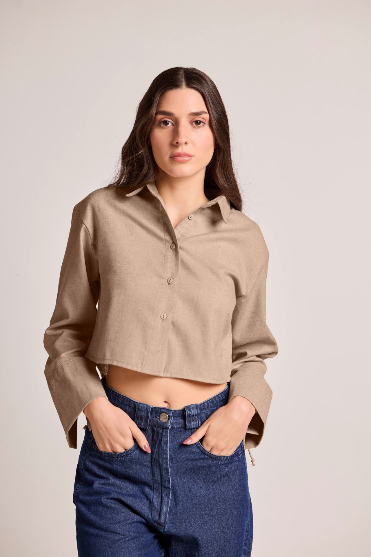 Beige Cropped Cotton Linen Shirt