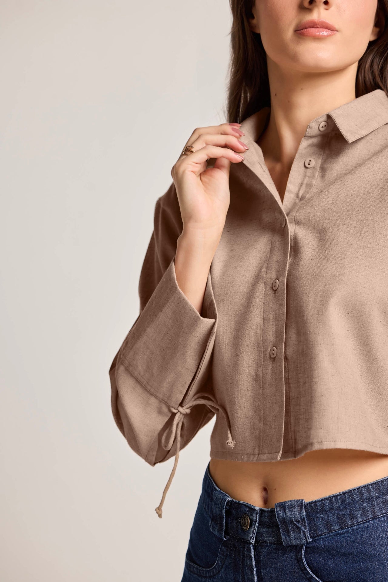 Beige Cropped Cotton Linen Shirt
