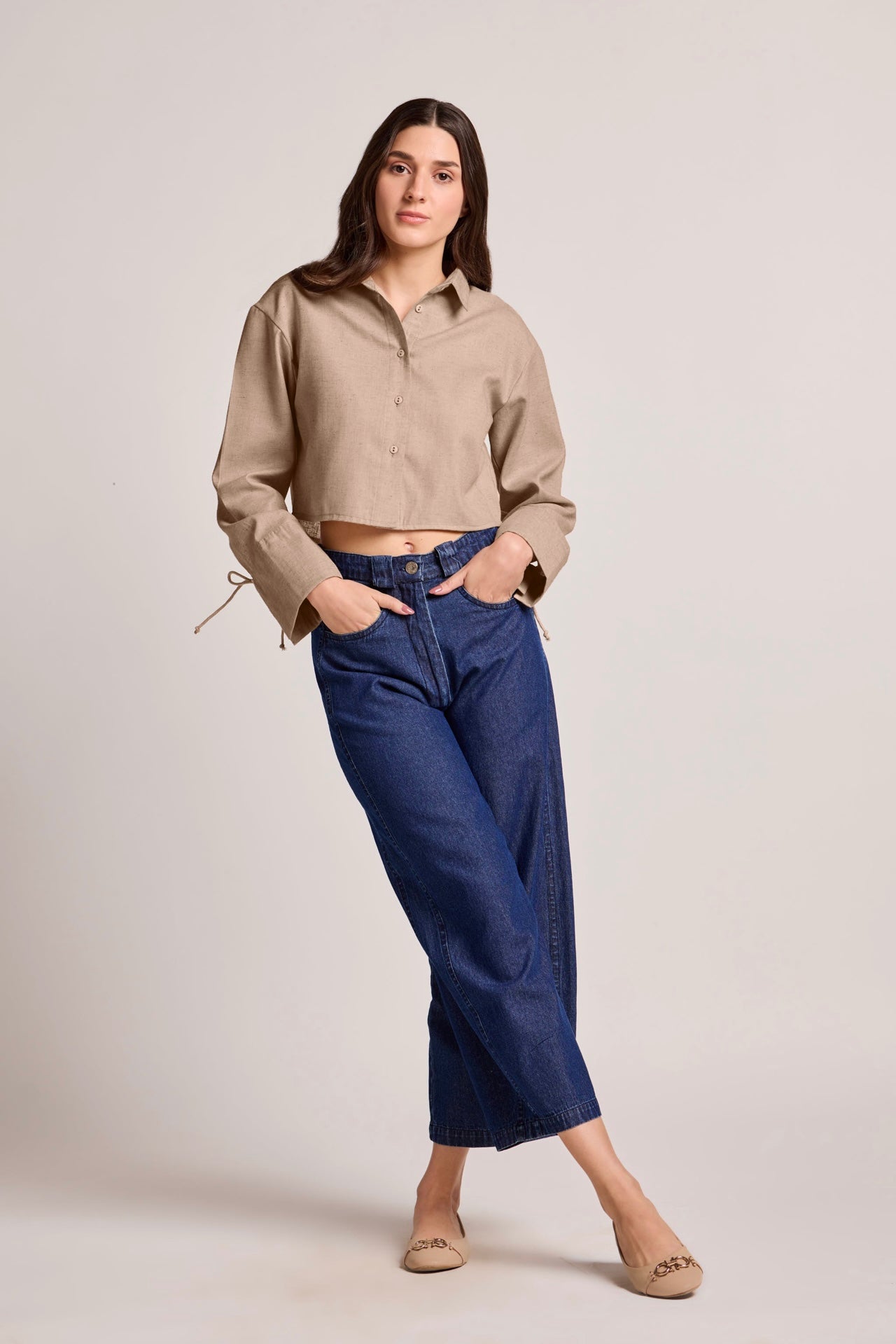 Beige Cropped Cotton Linen Shirt