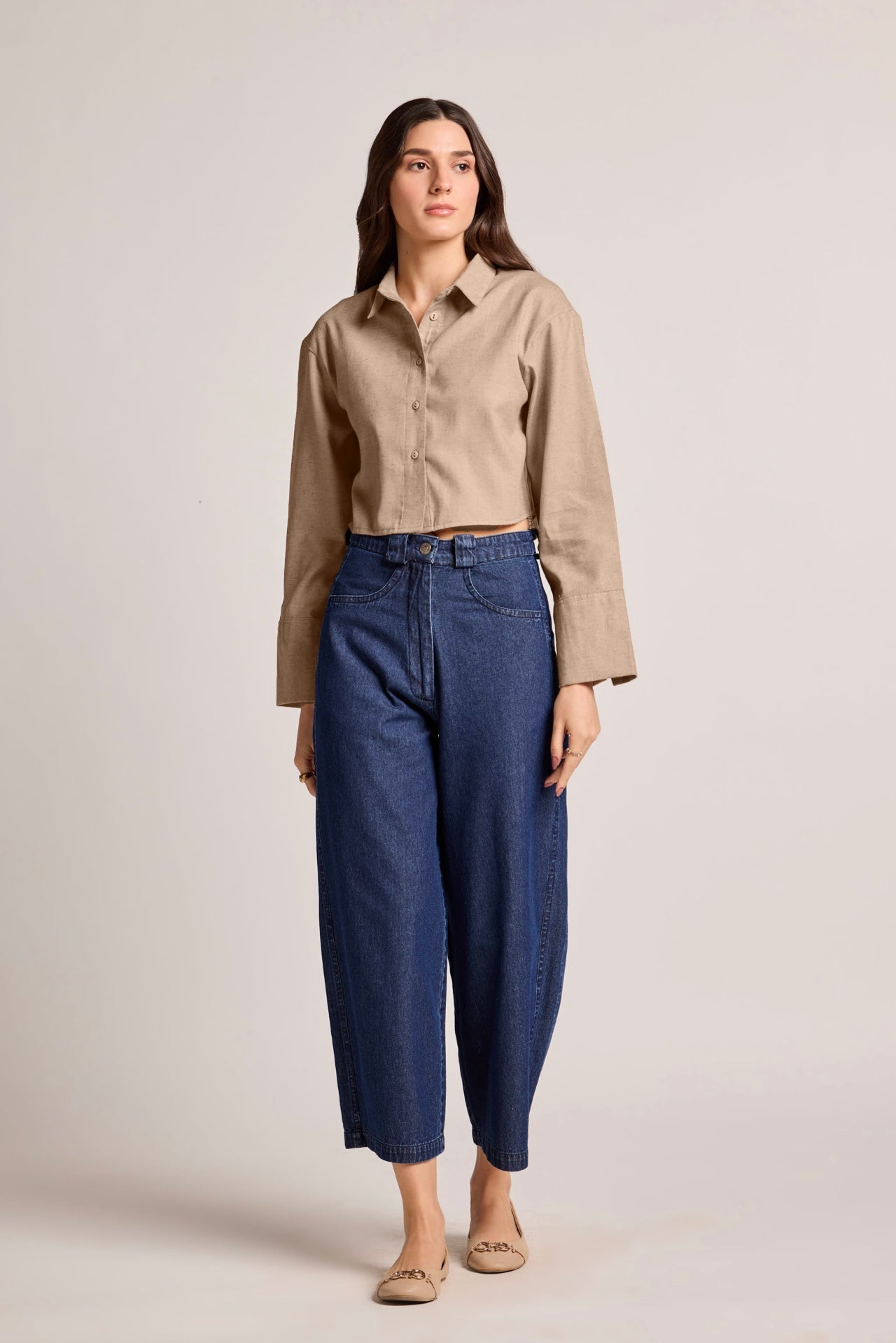 Beige Cropped Cotton Linen Shirt