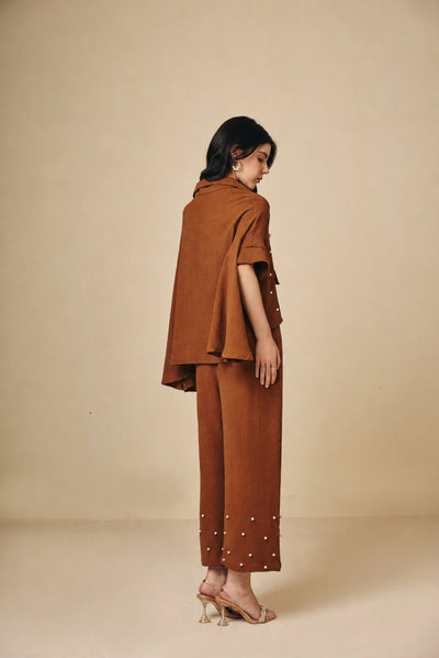 Rust Cotton Asymmetric Shirt with Pearl Detail