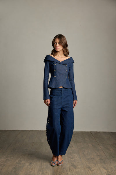 Dark Blue Denim Double-Breasted Sailor Top