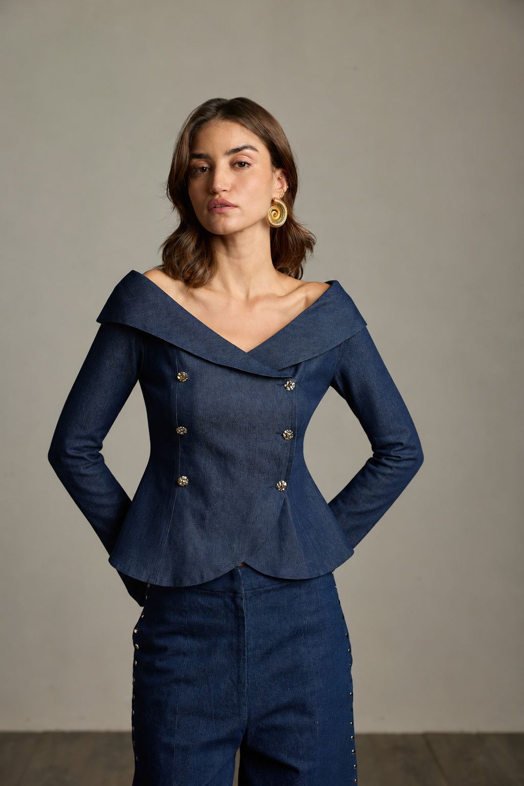 Dark Blue Denim Double-Breasted Sailor Top