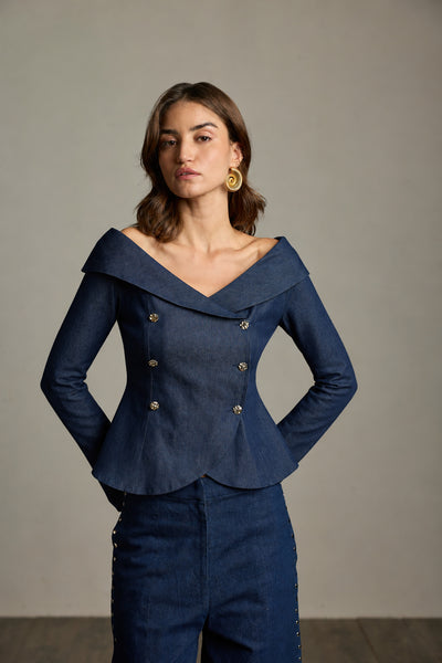 Dark Blue Denim Double-Breasted Sailor Top
